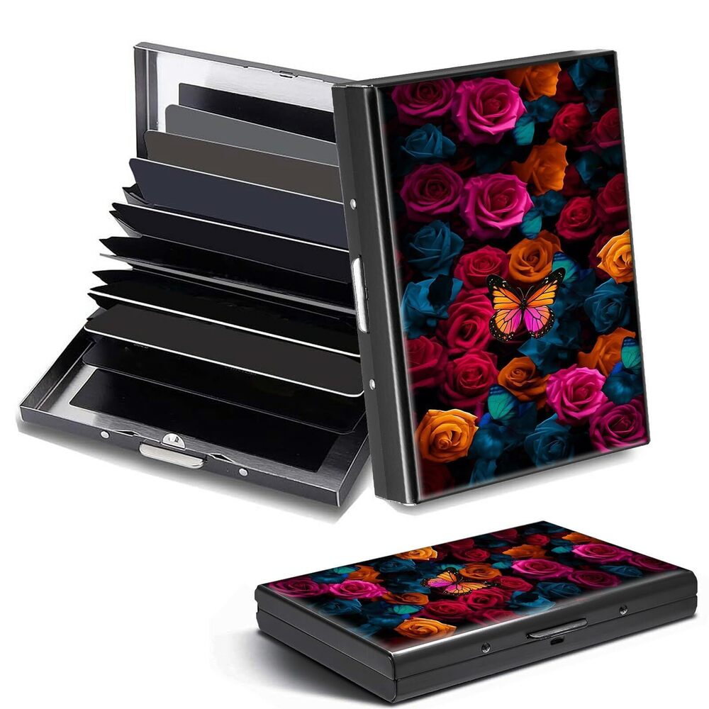 7721 Credit Card Holder, Rose Flowers Butterfly Design Mini RFID Blocking